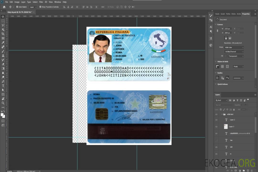 Modèle d'identification Italie au format PSD, entièrement modifiable, avec toutes les polices (2006 – 2016) template